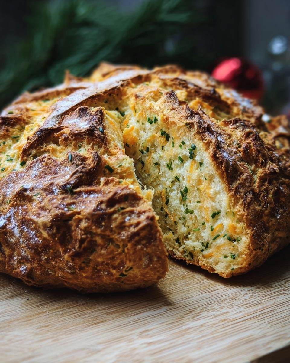 Close-up of a Cheddar and Herb Soda Bread loaf with a slice cut out, showing cheddar and herb flecks.