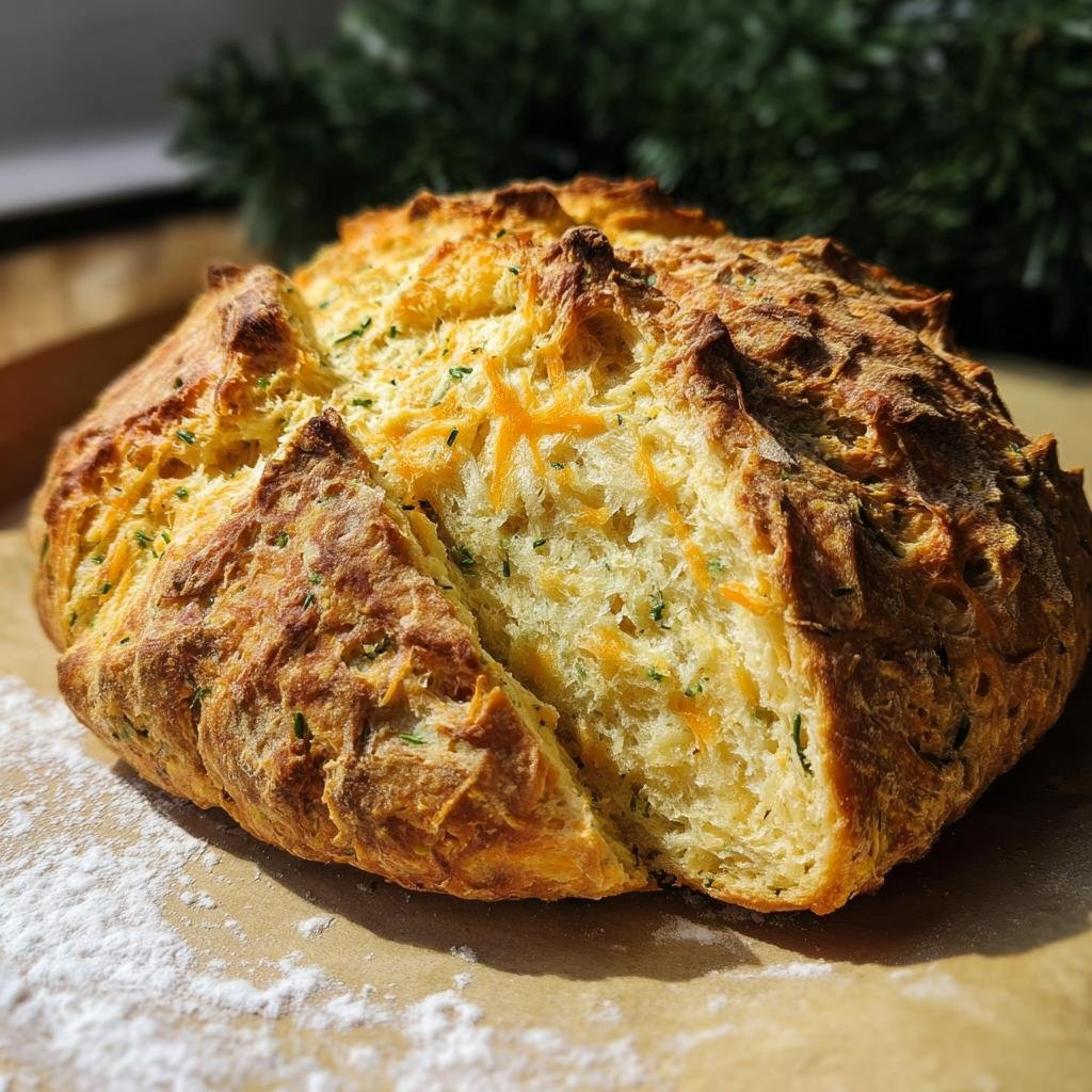Close-up of a loaf of Cheddar and Herb Soda Bread, showing the golden crust and visible cheddar and herbs.