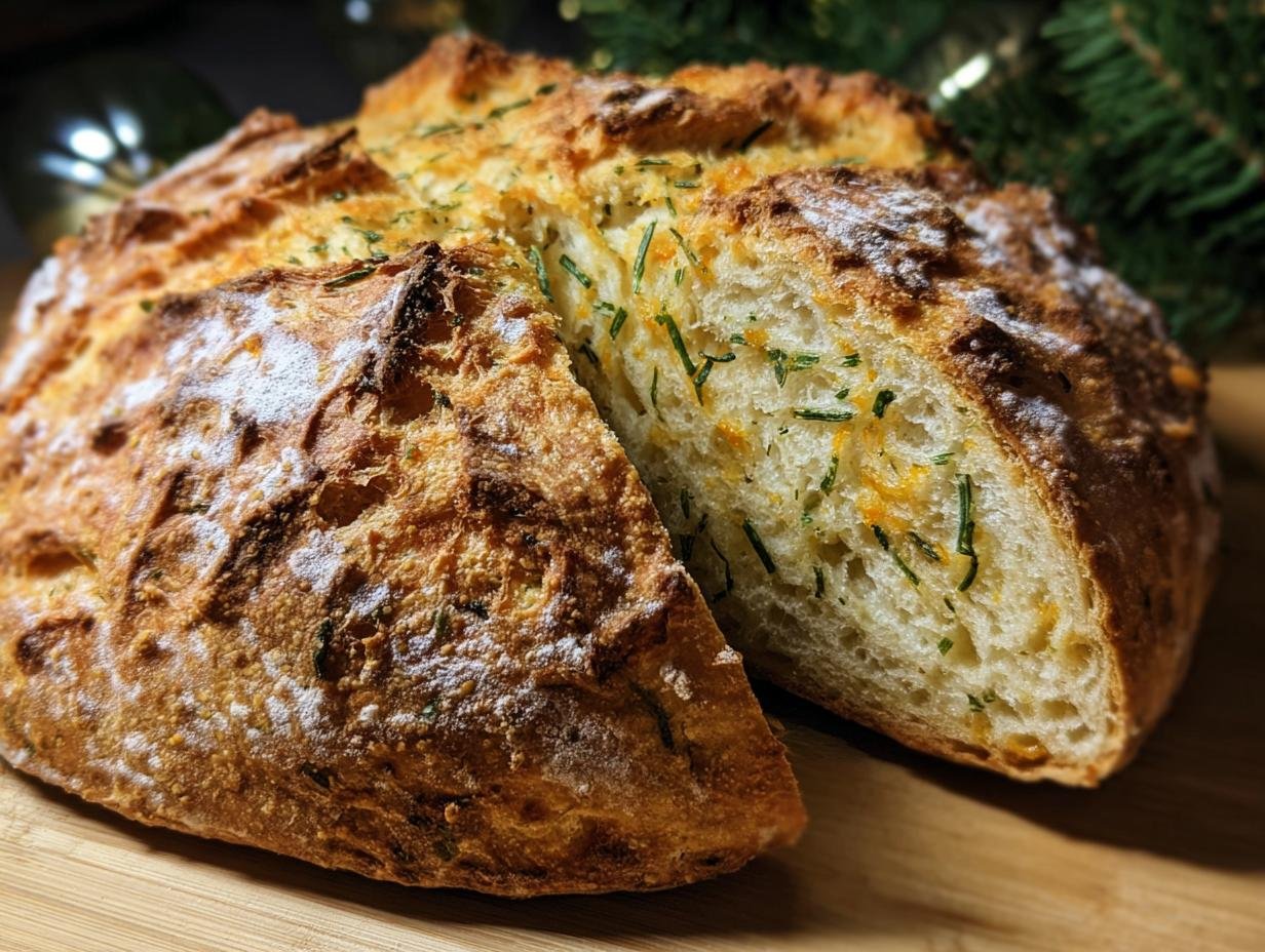 Close-up of Cheddar and Herb Soda Bread with a slice cut, showing the cheddar and herb distribution.