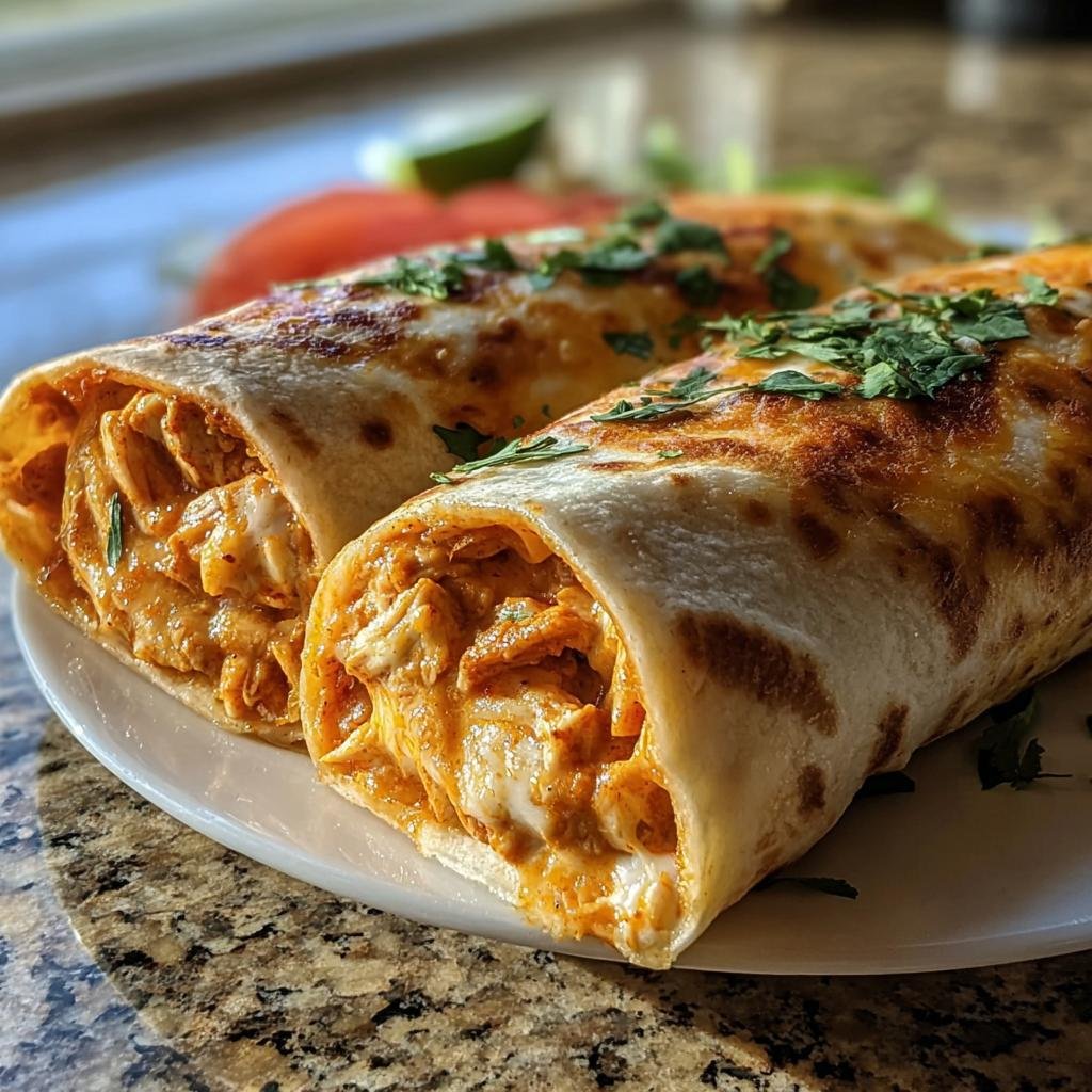 Two cheesy buffalo chicken burritos on a white plate, garnished with cilantro and served with a side salad.