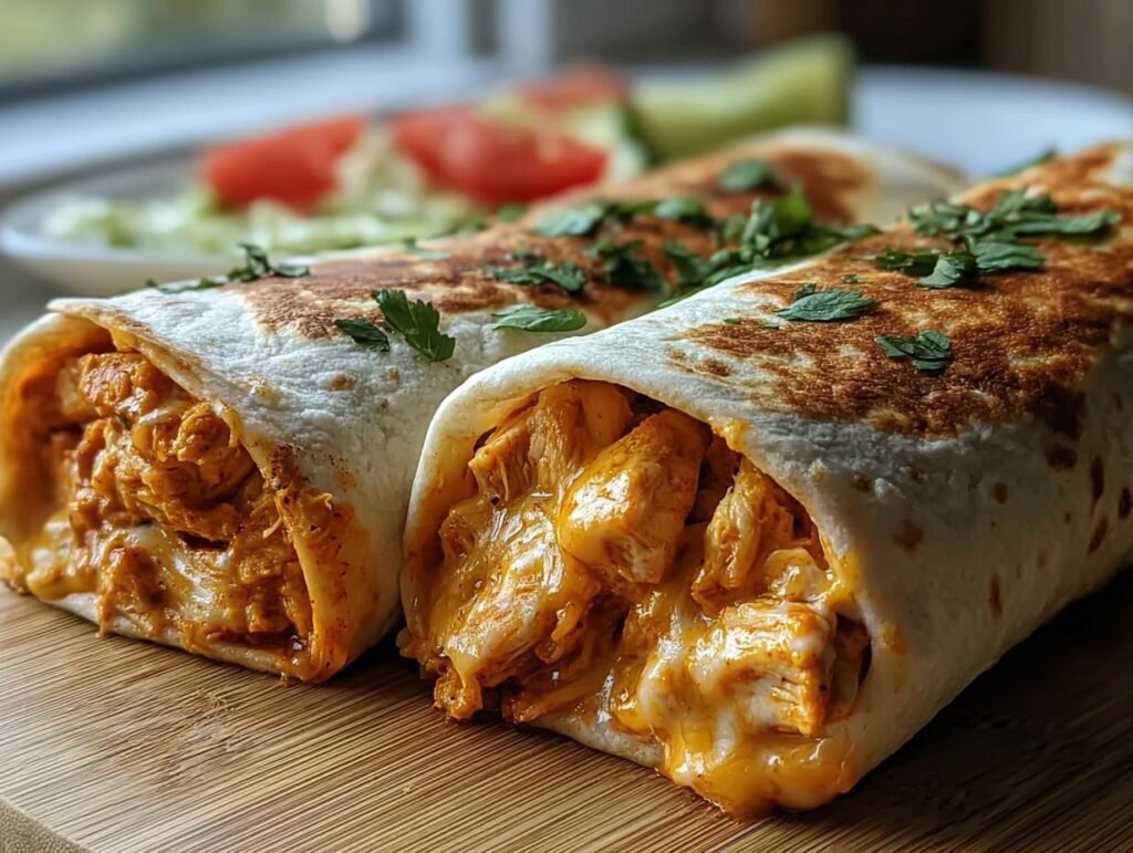Two cheesy buffalo chicken burritos, stuffed with chicken and cheese, garnished with parsley, served with a side salad.