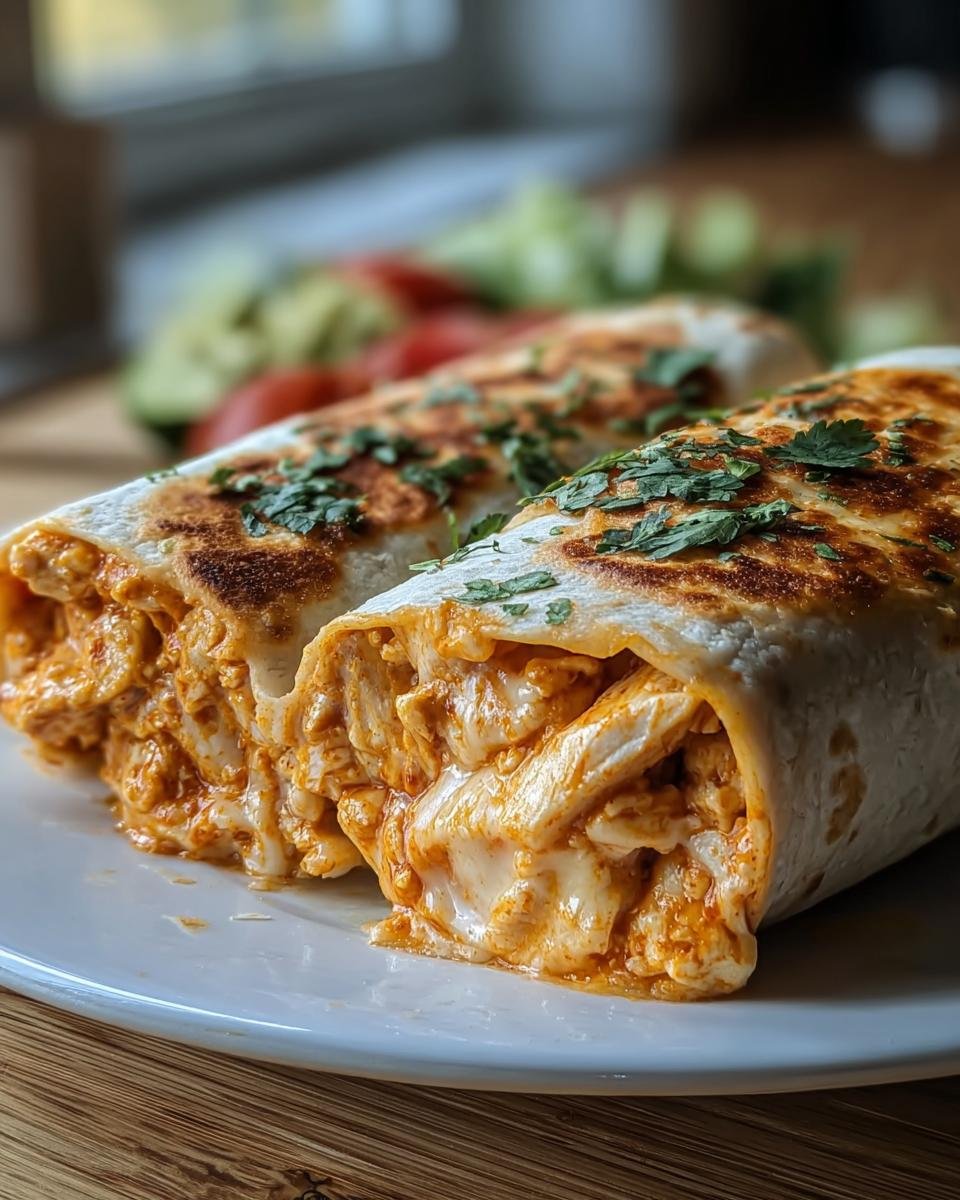 Two cheesy buffalo chicken burritos on a plate, garnished with parsley, with a side salad.