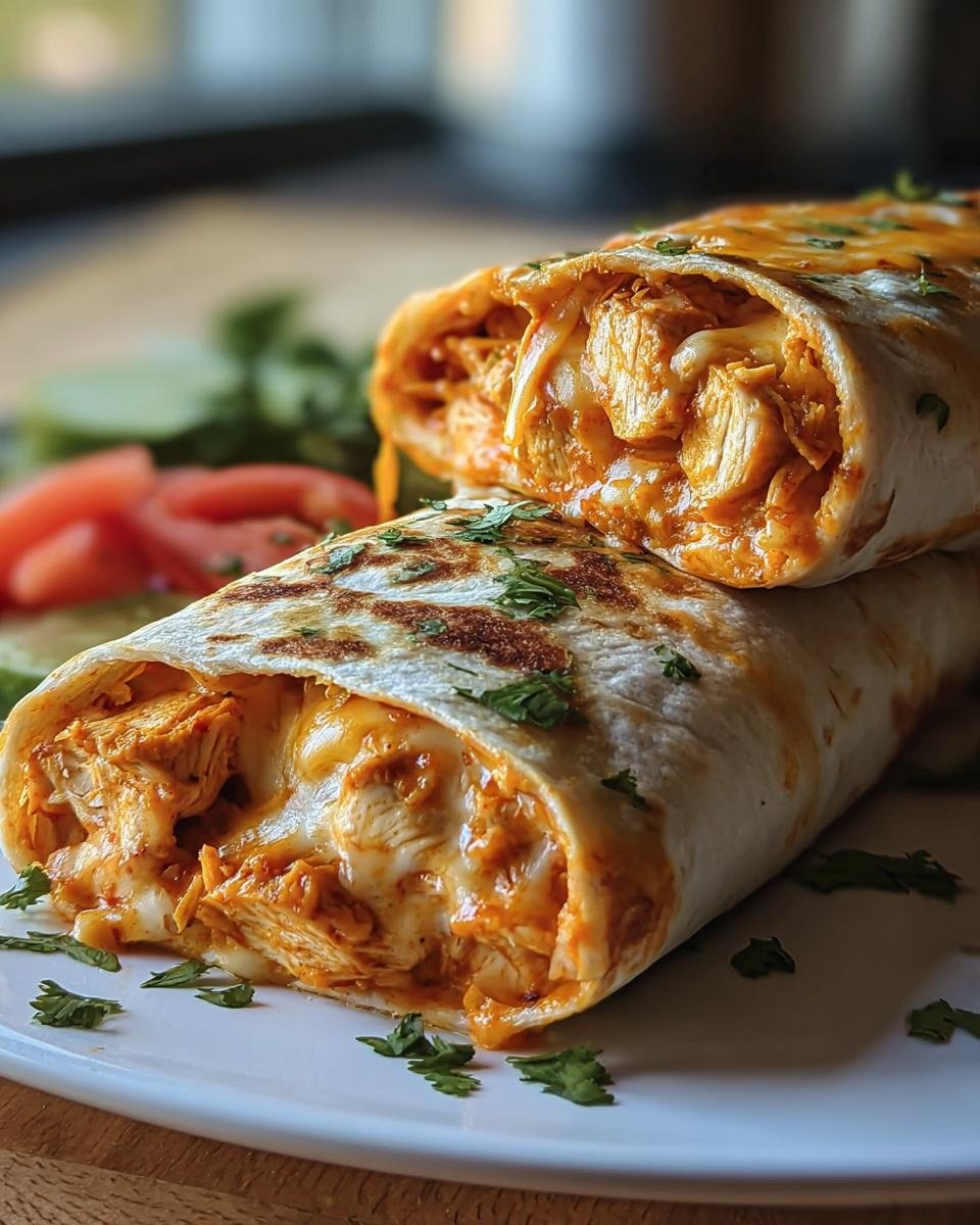 Two Cheesy Buffalo Chicken Burritos stacked on a plate, garnished with parsley and a side salad.