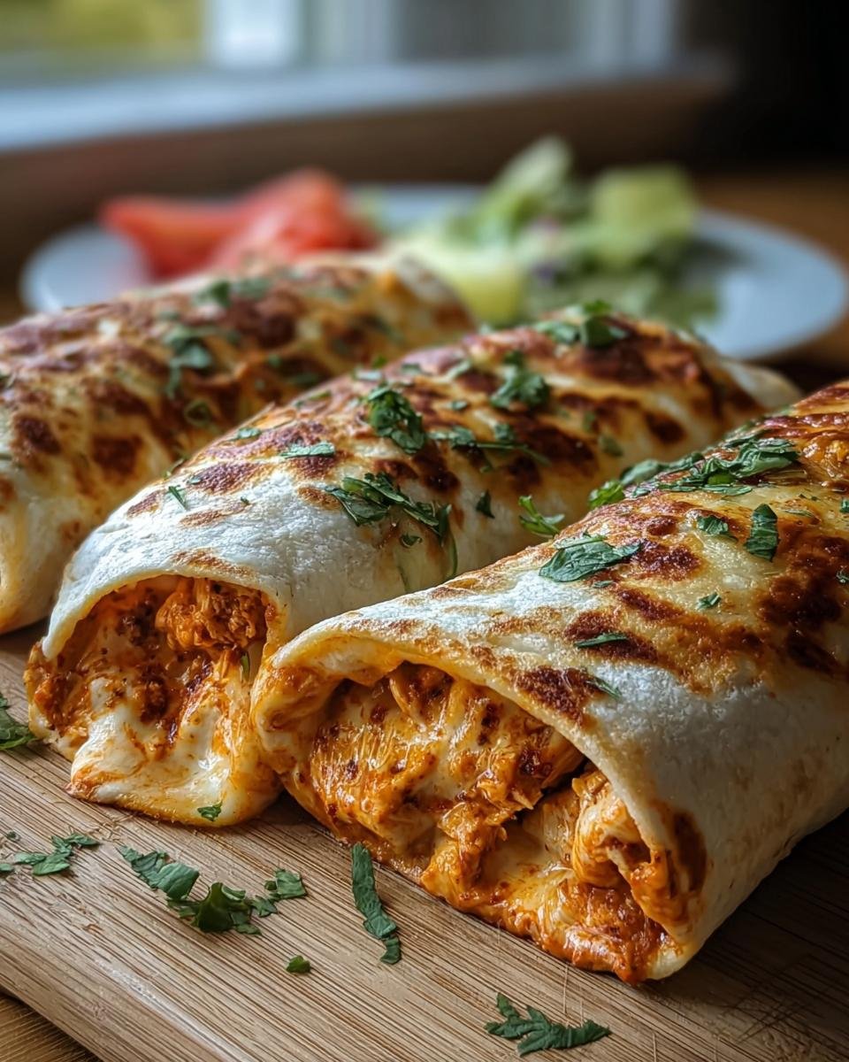 Three cheesy buffalo chicken burritos on a wooden board, garnished with parsley and served with a side salad.