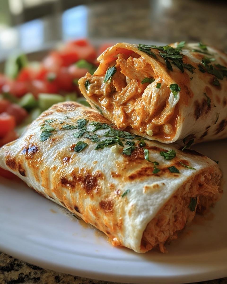 Two cheesy buffalo chicken burritos on a plate, one cut in half to reveal the filling, garnished with parsley.
