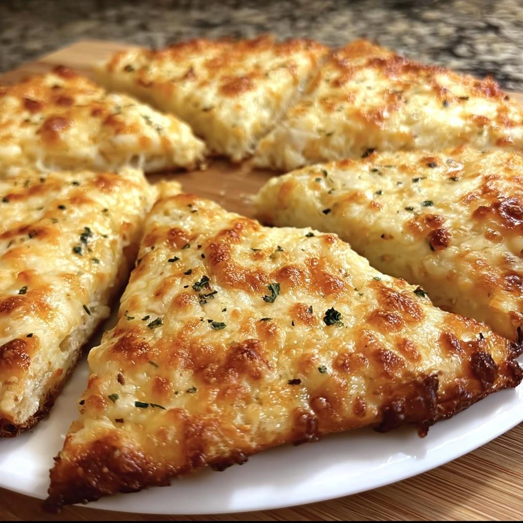 Close-up of sliced cheesy tortilla garlic bread, showcasing the melted cheese and garlic herb topping.