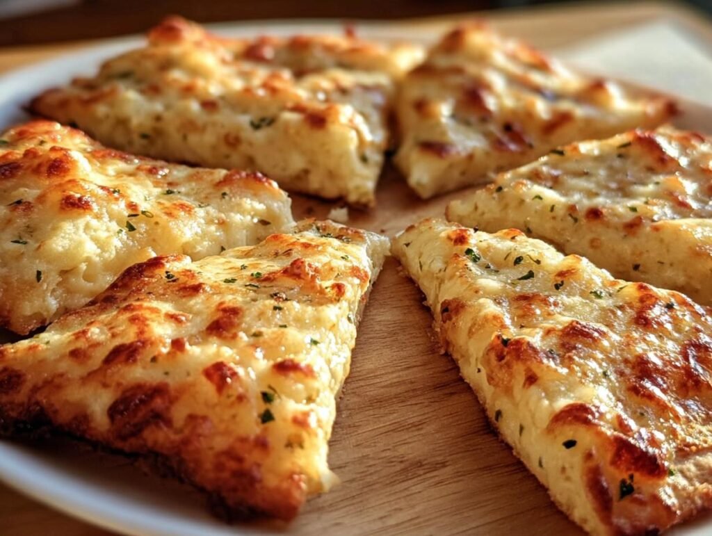 Close-up of cheesy tortilla garlic bread slices on a wooden board, showcasing the melted cheese and garlic herb topping.