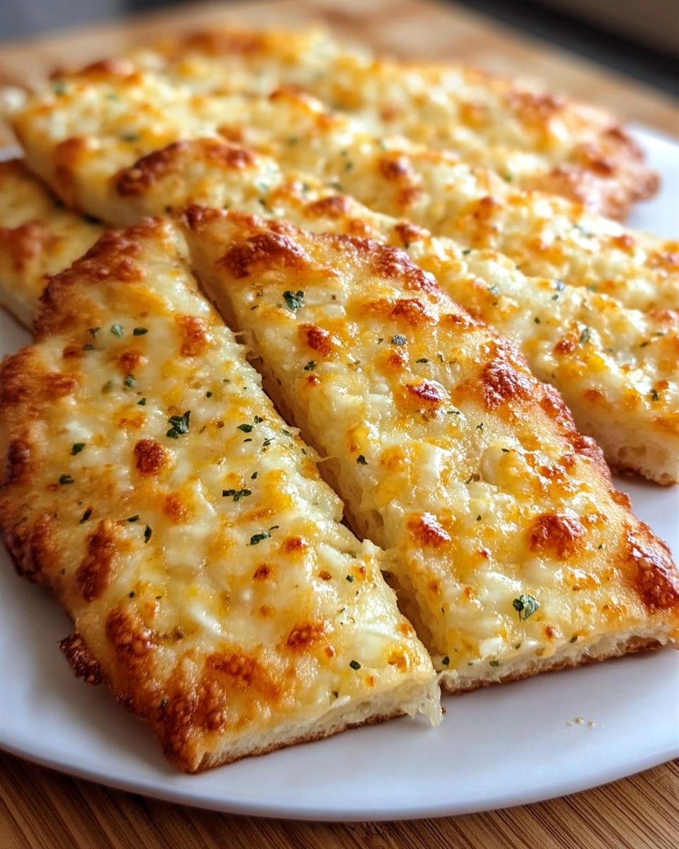 Close-up of Cheesy Tortilla Garlic Bread slices on a white plate, showcasing the melted cheese and garlic topping.