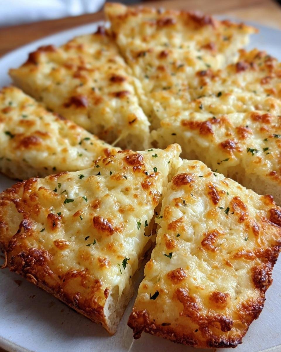 Close-up of sliced cheesy tortilla garlic bread, topped with melted cheese and herbs.