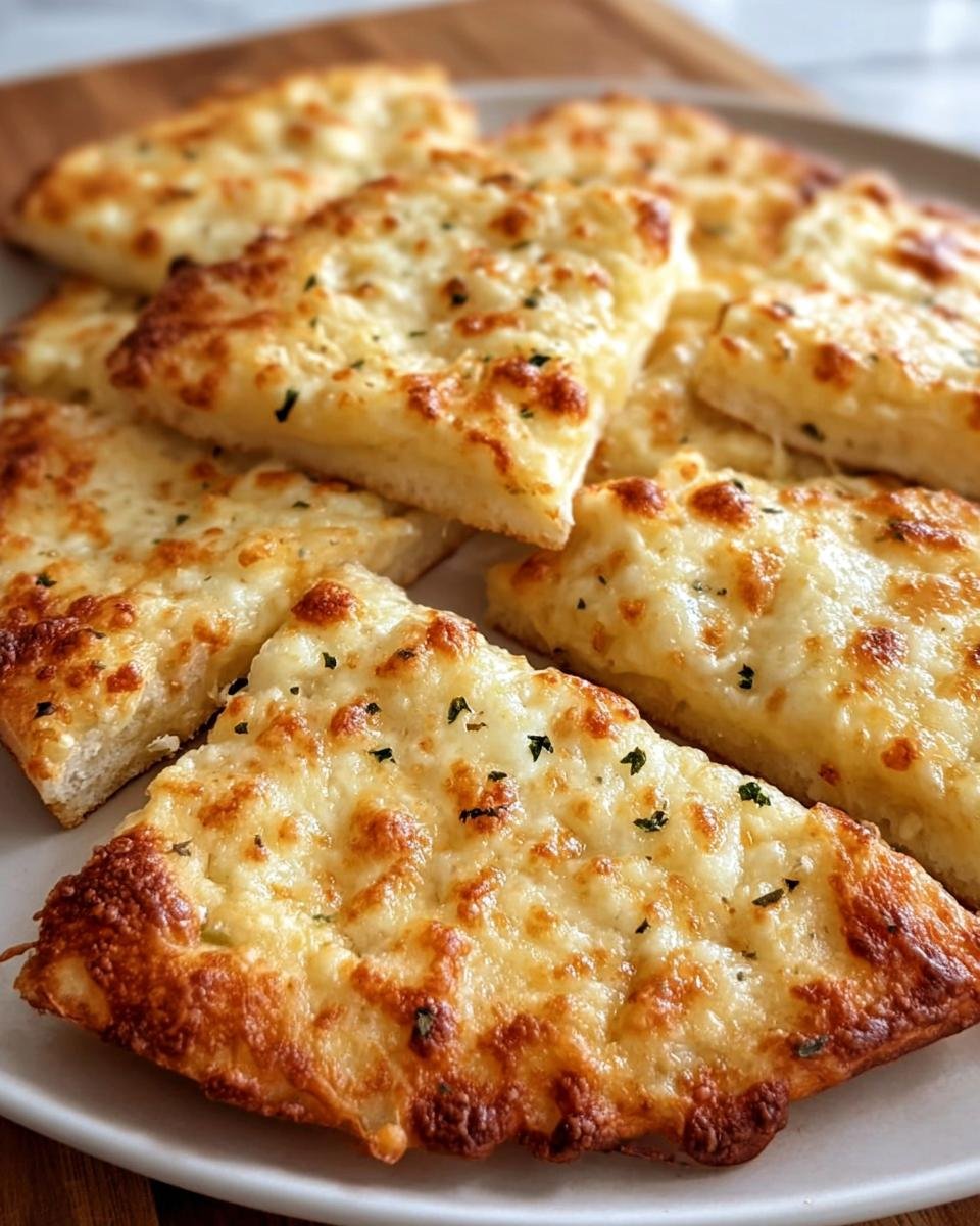 Delicious slices of cheesy tortilla garlic bread, golden brown and topped with herbs, ready to eat.