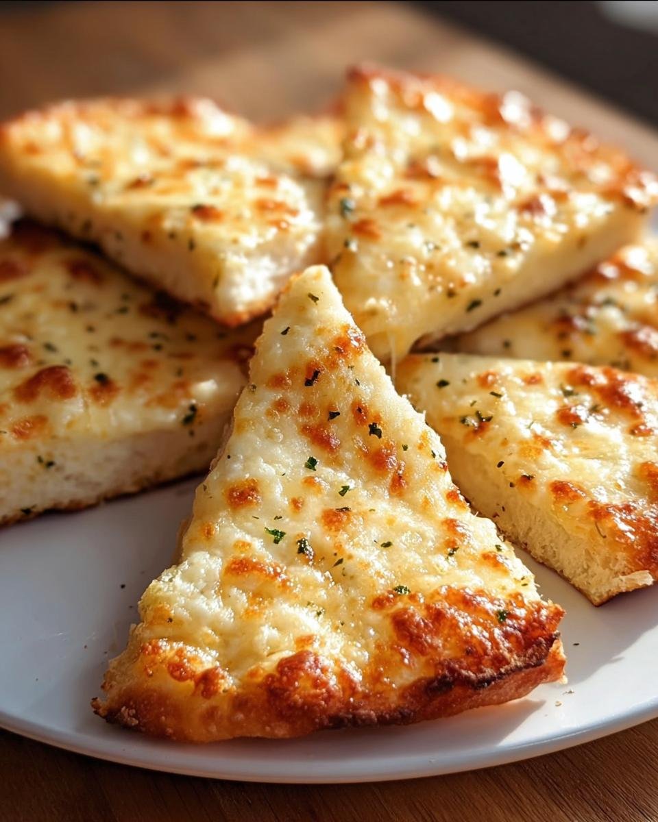 Close-up of sliced cheesy tortilla garlic bread, showcasing melted cheese and herbs on a white plate.