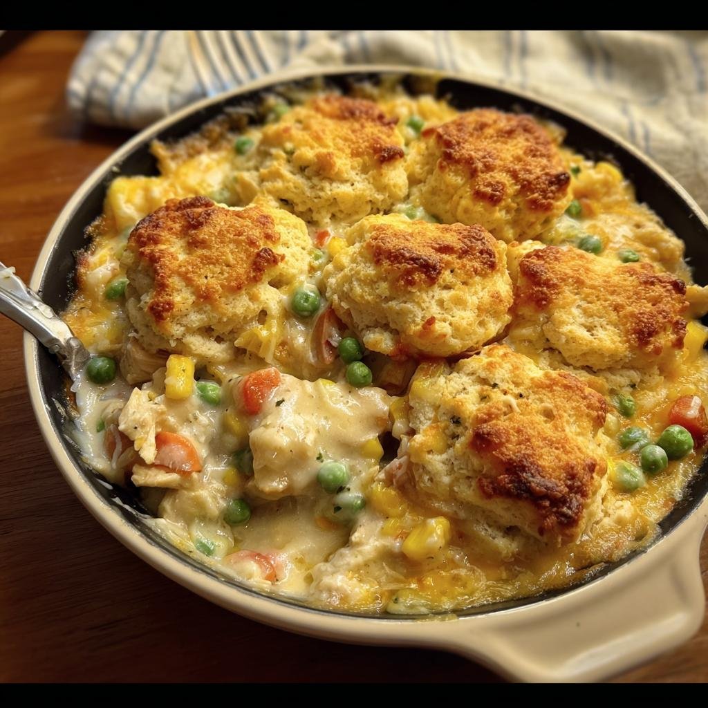 Close-up of a Chicken & Biscuit Dinner Cobbler in a baking dish, featuring golden biscuits and creamy chicken filling.