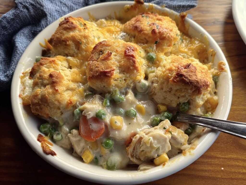Overhead view of a Chicken & Biscuit Dinner Cobbler in a white baking dish with a spoon.