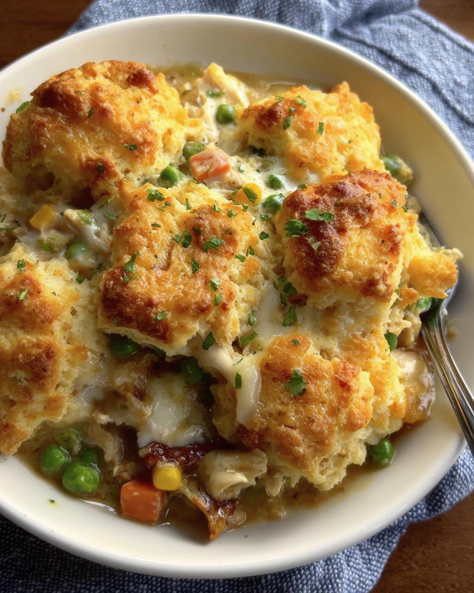 A bowl of Chicken & Biscuit Dinner Cobbler, featuring golden biscuits over a creamy chicken and vegetable filling.