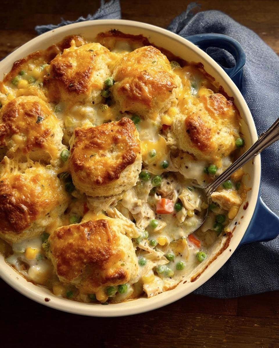 Overhead view of Chicken & Biscuit Dinner Cobbler in a baking dish with golden biscuits and a creamy chicken and vegetable filling.