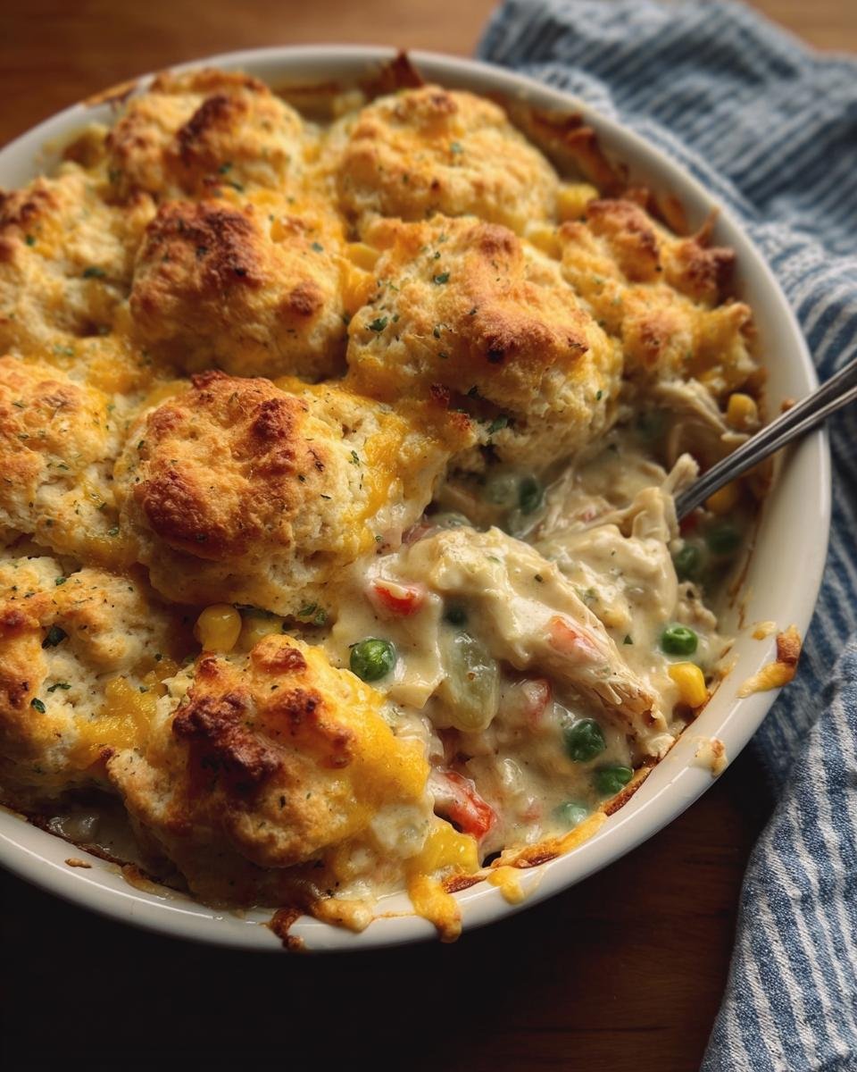Close-up of Chicken & Biscuit Dinner Cobbler in a white baking dish, showing biscuits, chicken, and vegetables.