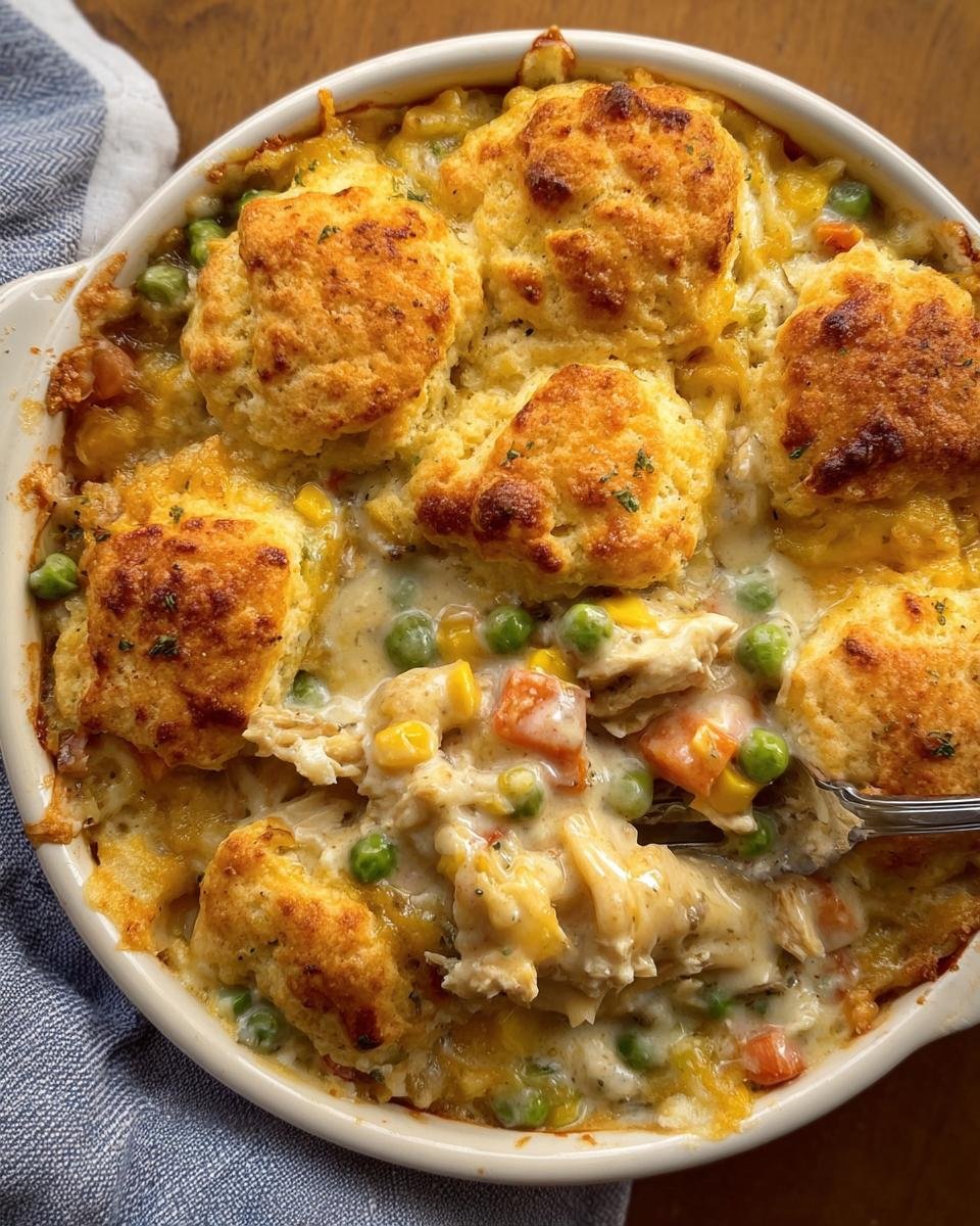 Overhead view of a Chicken & Biscuit Dinner Cobbler in a white baking dish with a spoon taking a scoop.