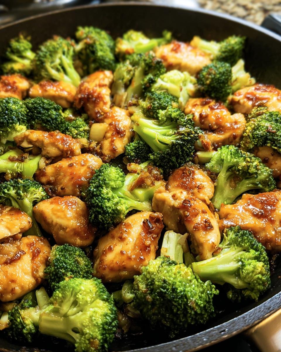 A close-up of a Chicken Broccoli Skillet, featuring tender chicken pieces and vibrant green broccoli florets.