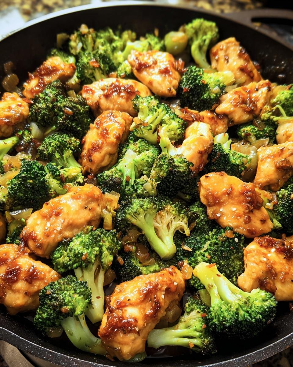 A tasty Chicken Broccoli Skillet with glazed chicken and vibrant green broccoli florets.
