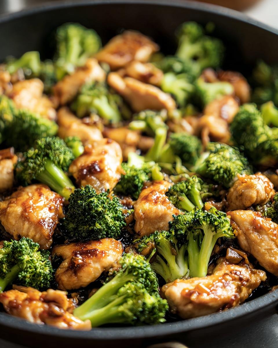 Close-up of Chicken Broccoli Skillet with tender chicken pieces and fresh broccoli florets in a savory sauce.