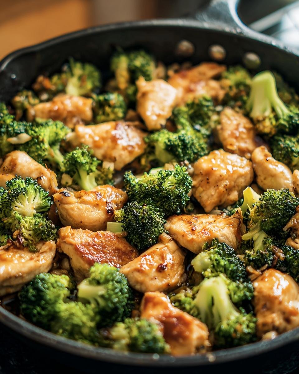 Close-up of a Chicken Broccoli Skillet with tender chicken pieces and fresh broccoli florets.
