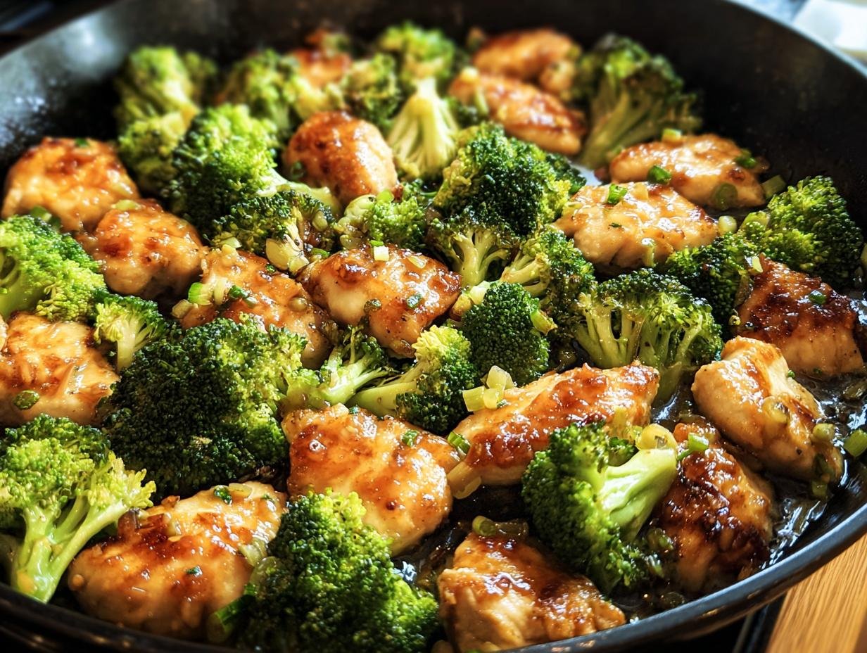 A skillet filled with glazed chicken and fresh broccoli florets, ready to serve. Chicken Broccoli Skillet.