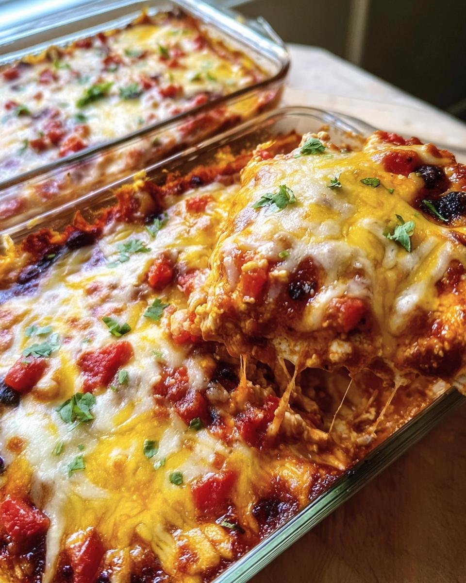 Two glass baking dishes filled with Chicken Cottage Cheese Enchilada, topped with melted cheese and tomatoes.