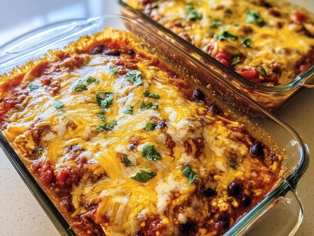 Two glass baking dishes filled with Chicken Cottage Cheese Enchilada, topped with melted cheese and cilantro.