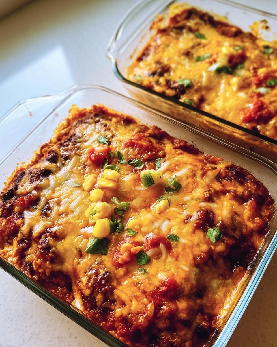 Two glass baking dishes filled with Chicken Cottage Cheese Enchilada, topped with cheese, corn, and herbs.