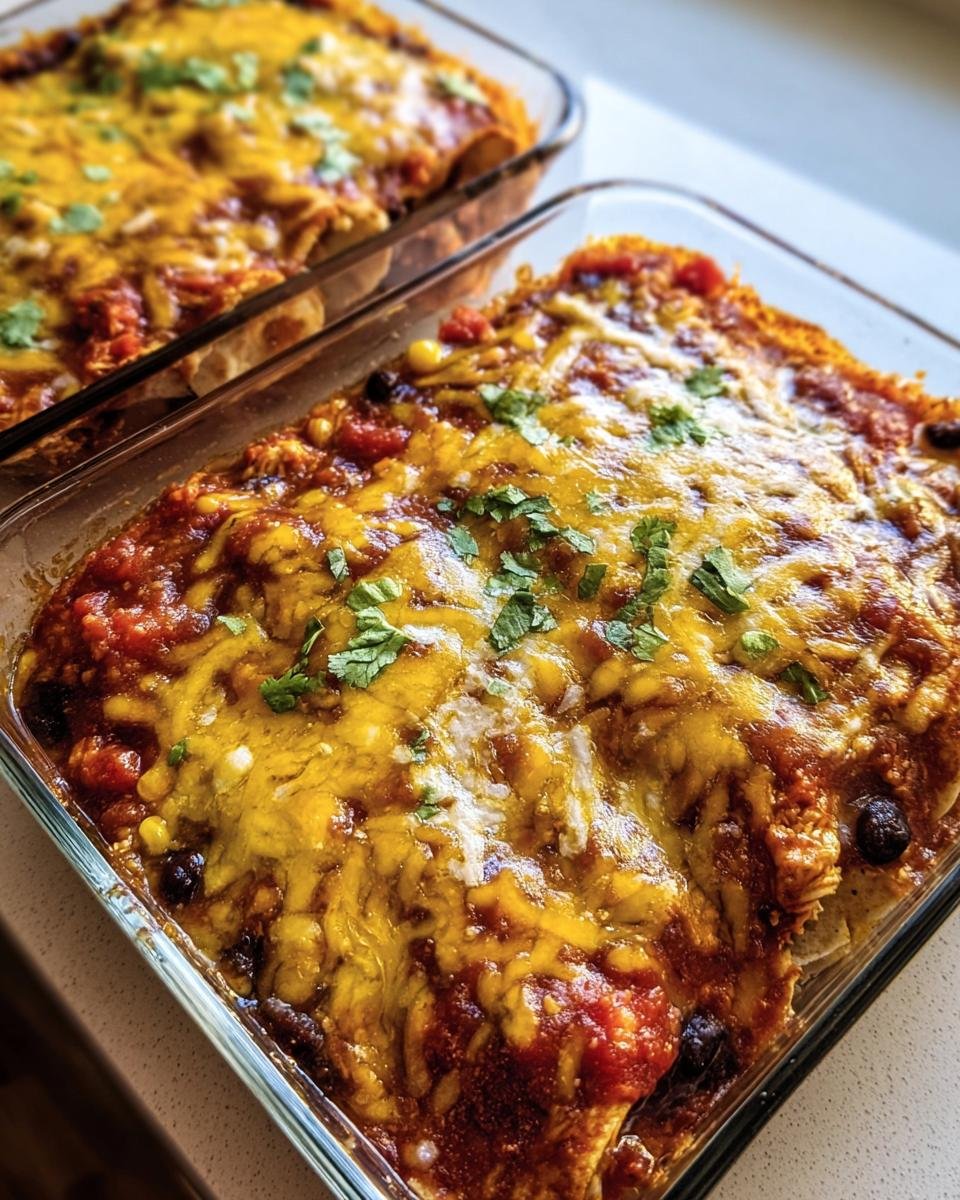 Two glass baking dishes filled with Chicken Cottage Cheese Enchilada, topped with melted cheese and cilantro.
