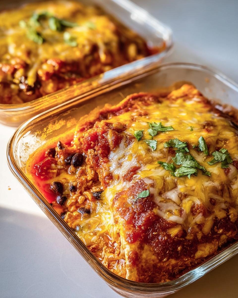 Two glass baking dishes filled with Chicken Cottage Cheese Enchilada, topped with melted cheese and herbs.