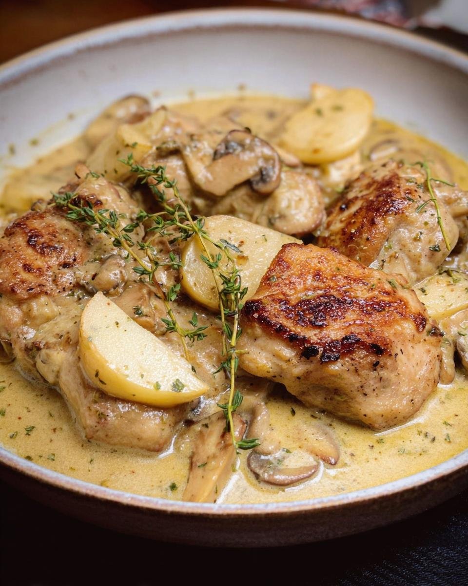 Bowl of Chicken French Apple with mushrooms, apples, and a creamy sauce, garnished with thyme.