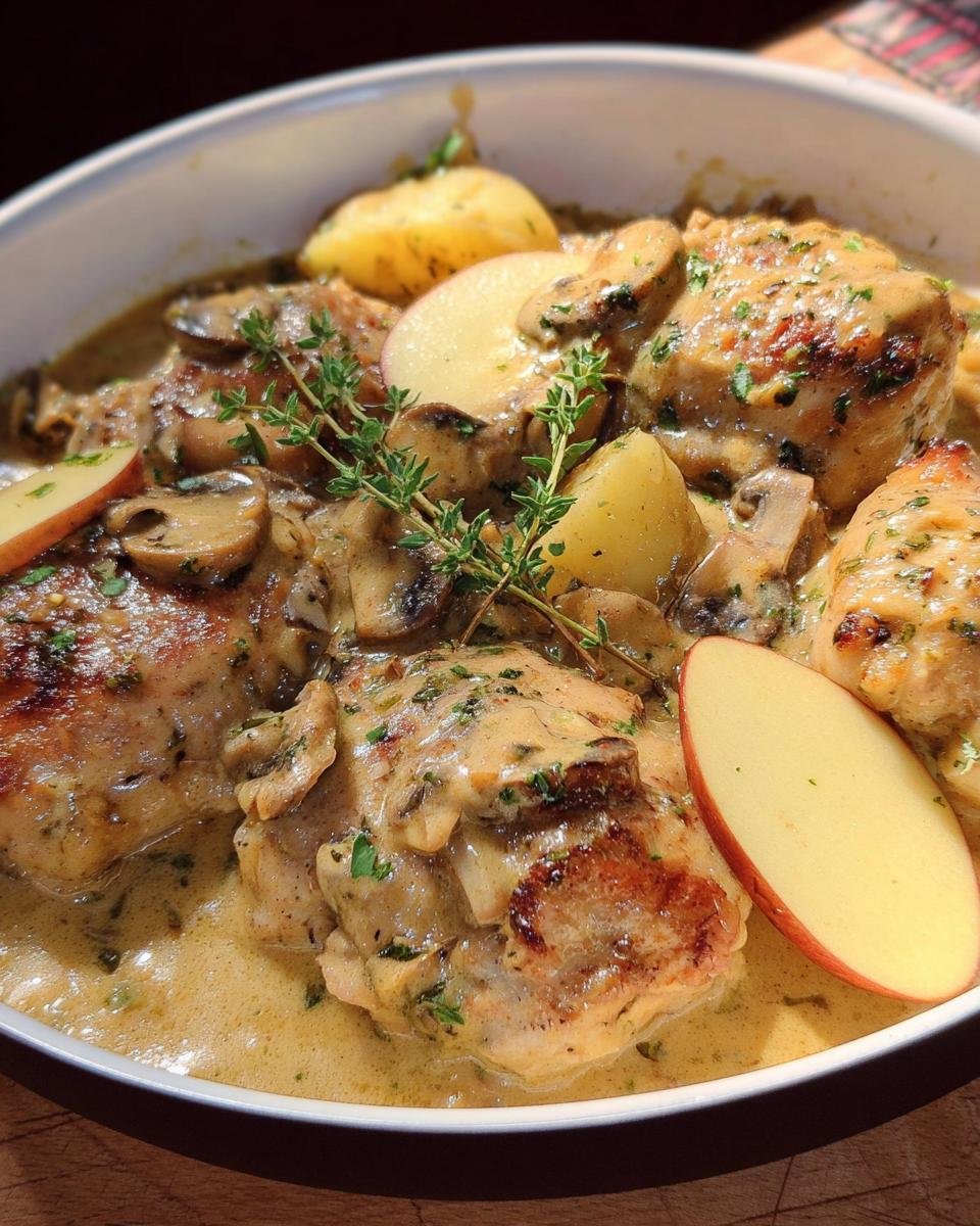 Close-up of Chicken French Apple dish with creamy sauce, mushrooms, apples, and herbs.