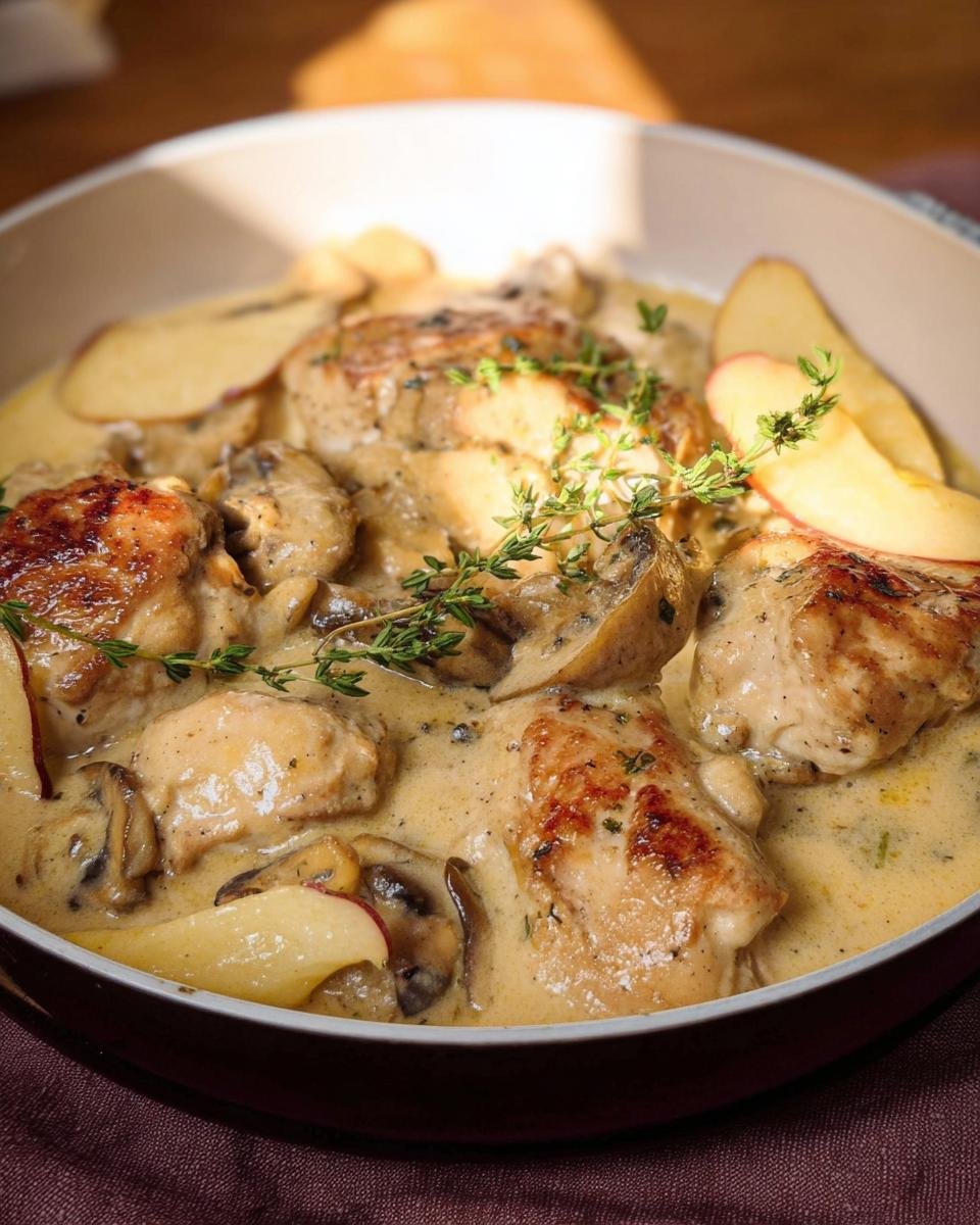 Close-up of Chicken French Apple dish with creamy sauce, mushrooms, and apple slices, garnished with thyme.
