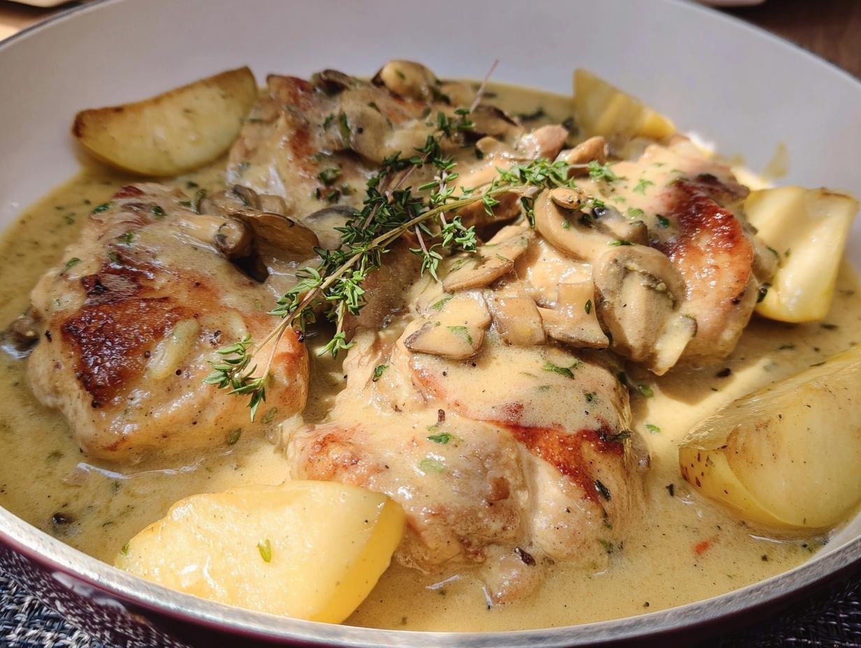 Close-up of Chicken French Apple dish with creamy mushroom sauce, garnished with thyme and served with apple wedges.