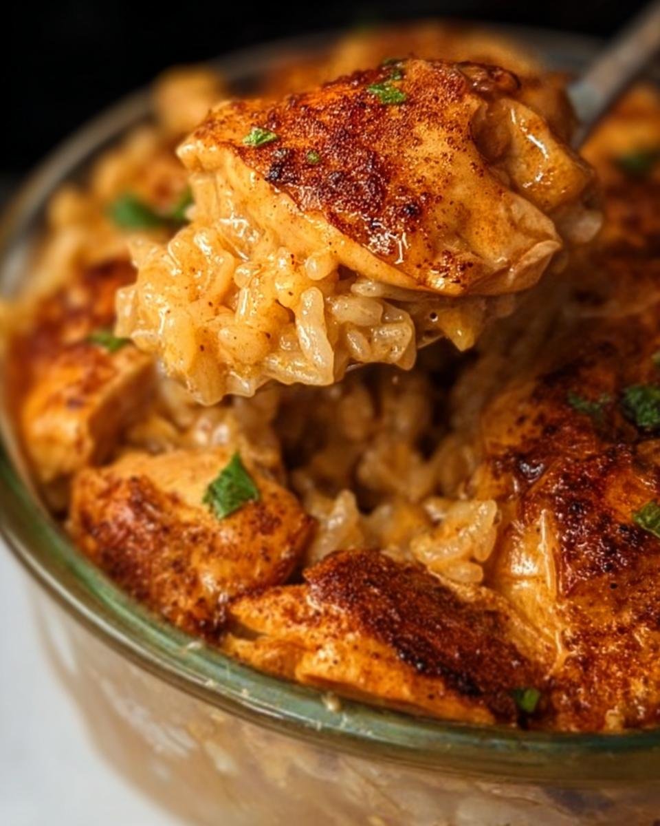 Close-up of a spoonful of perfect comfy, high protein chicken and rice casserole with golden-brown chicken.