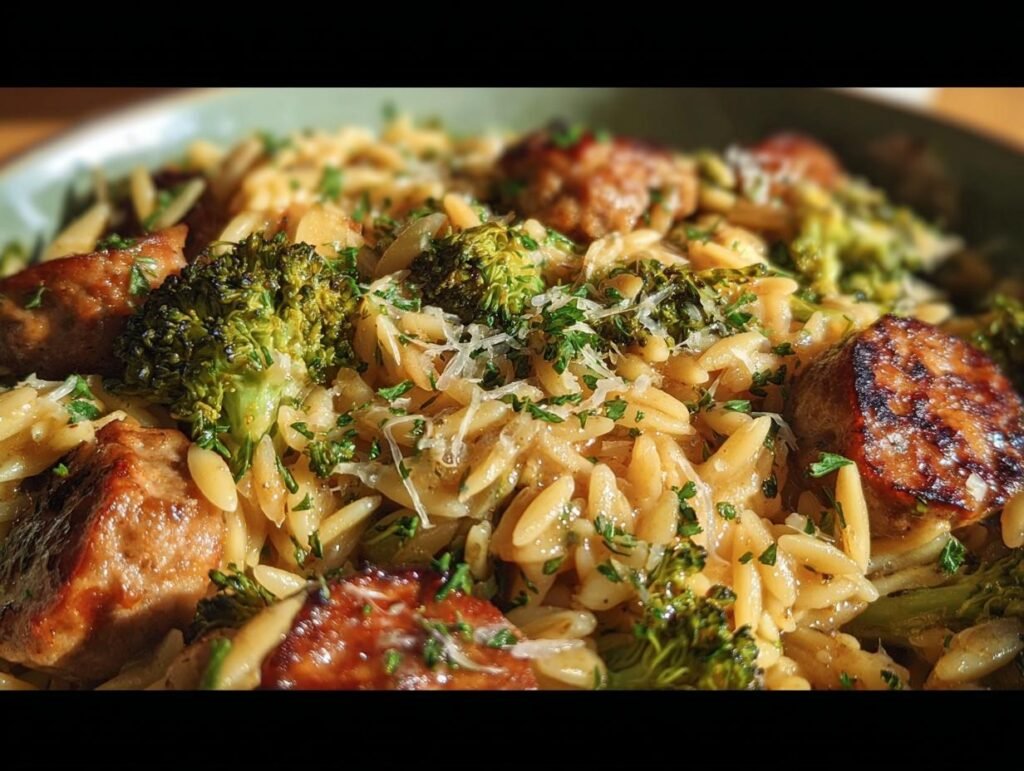 A close-up of Chicken Sausage Broccoli Orzo in a bowl, garnished with parsley and parmesan cheese.