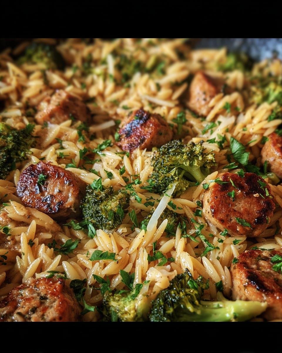 A close-up of Chicken Sausage Broccoli Orzo, showcasing the pasta, sausage, broccoli florets, and herbs.