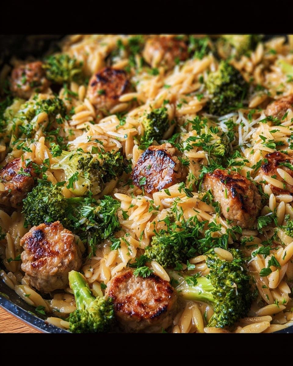Close-up of Chicken Sausage Broccoli Orzo dish, featuring orzo pasta, broccoli florets, and sliced chicken sausage.