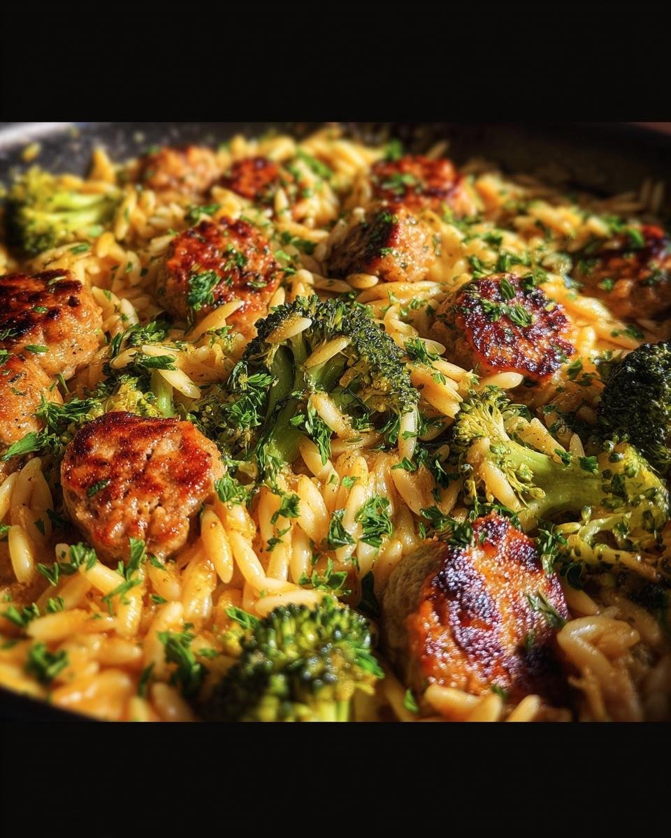 Close-up of Chicken Sausage Broccoli Orzo, garnished with fresh parsley. A delicious and healthy meal.