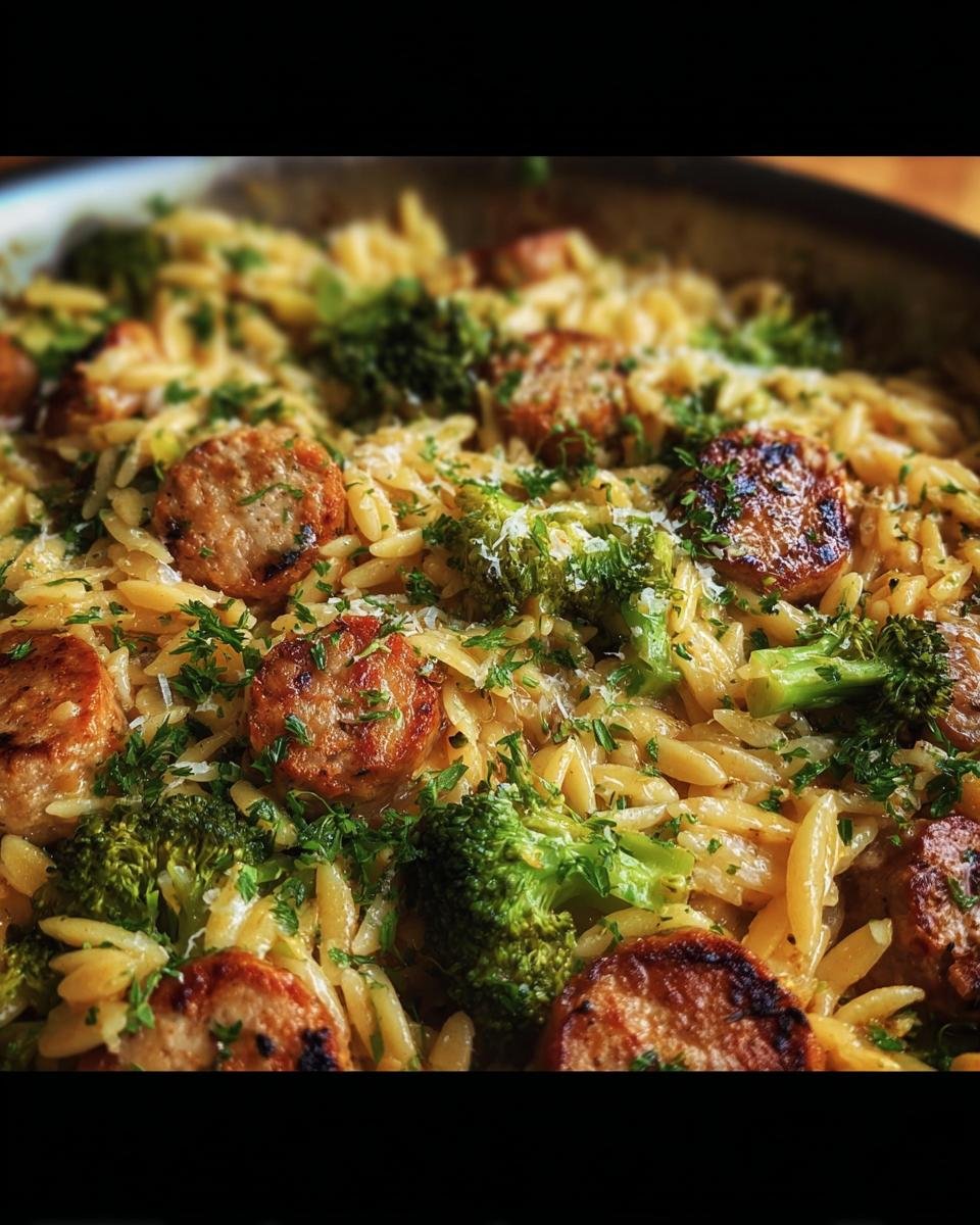 A close-up of Chicken Sausage Broccoli Orzo, showcasing the dish's textures and ingredients.