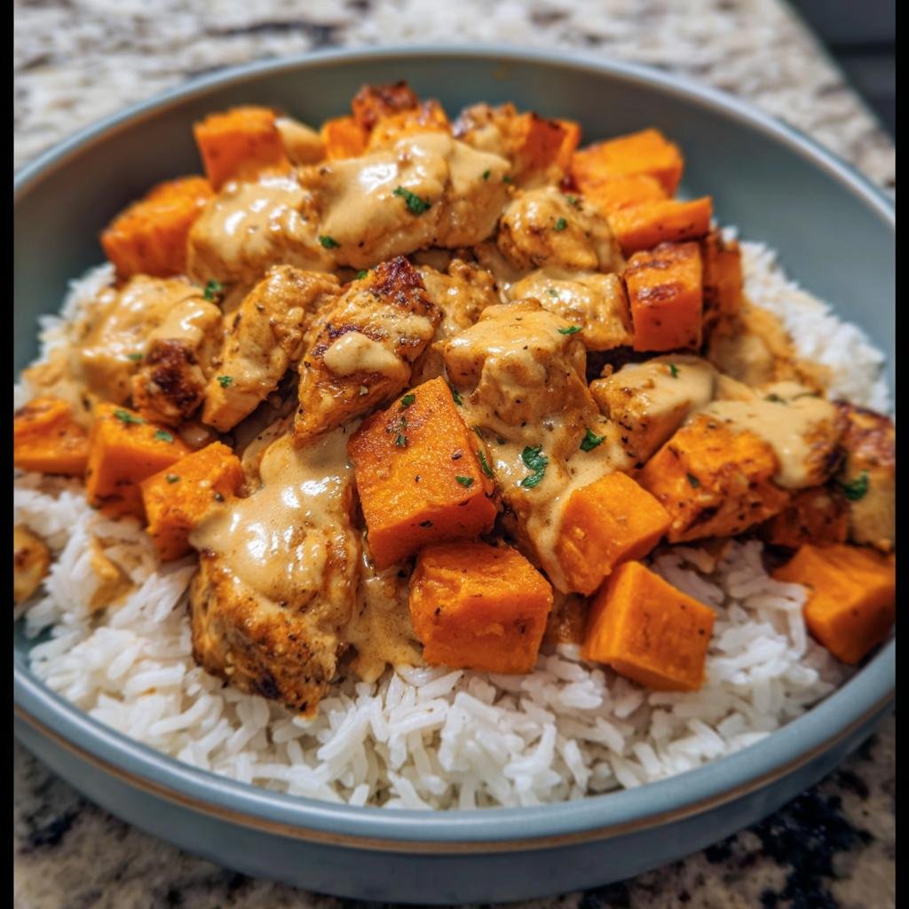 A bowl of Chicken & Sweet Potato Rice with a creamy sauce, garnished with parsley.