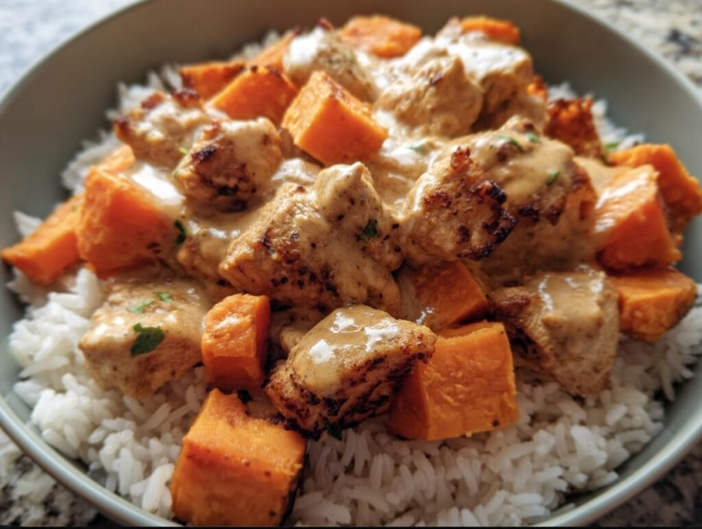 A delicious bowl of Chicken & Sweet Potato Rice, featuring tender chicken, sweet potato cubes, and fluffy white rice.