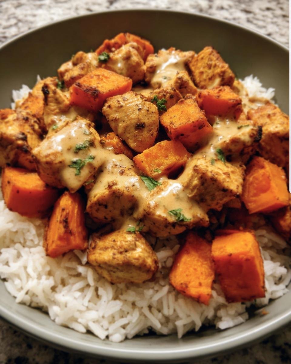 A delicious bowl of Chicken & Sweet Potato Rice, featuring tender chicken, sweet potato chunks, and fluffy rice.