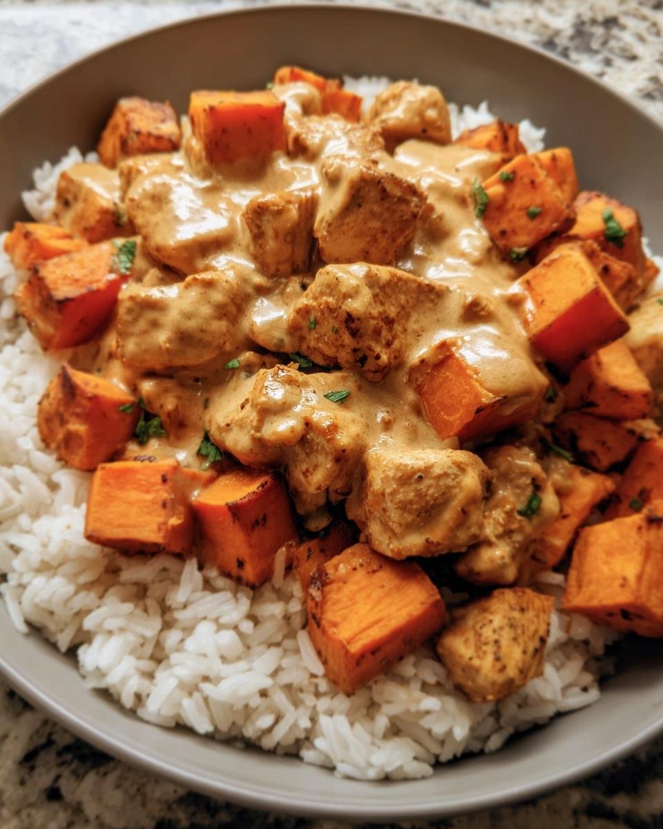 A bowl of Chicken & Sweet Potato Rice, featuring chicken, sweet potato, rice, and a creamy sauce.