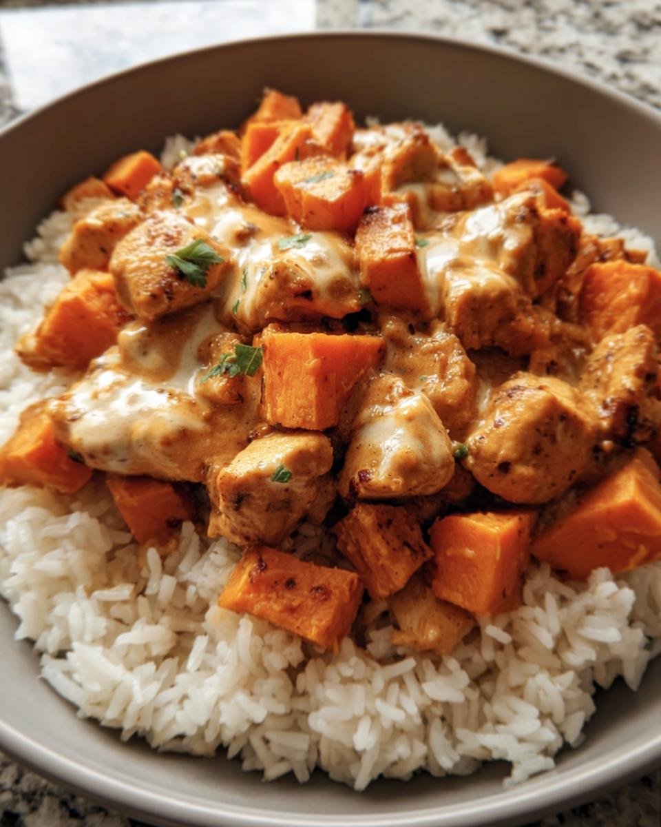 A bowl of Chicken & Sweet Potato Rice, featuring tender chicken, sweet potato cubes, and fluffy white rice.