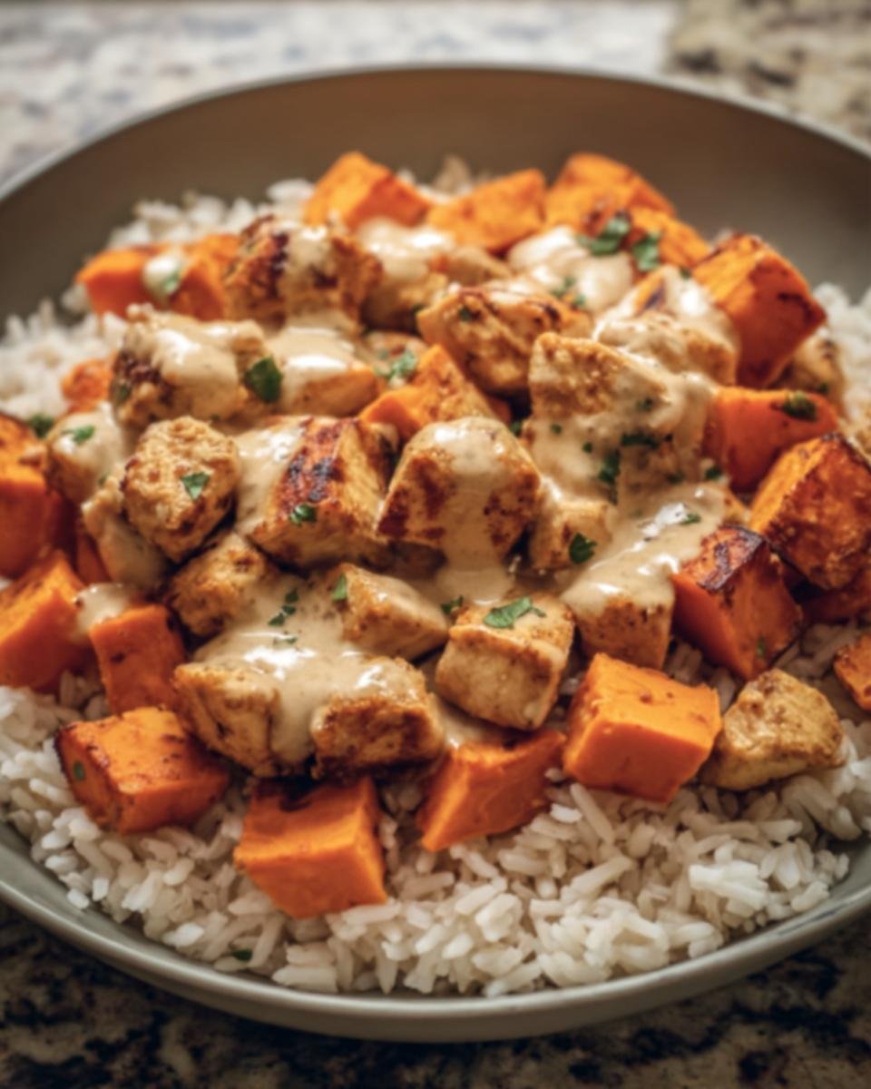 A bowl of Chicken & Sweet Potato Rice, featuring diced chicken, sweet potatoes, and rice with a creamy sauce.