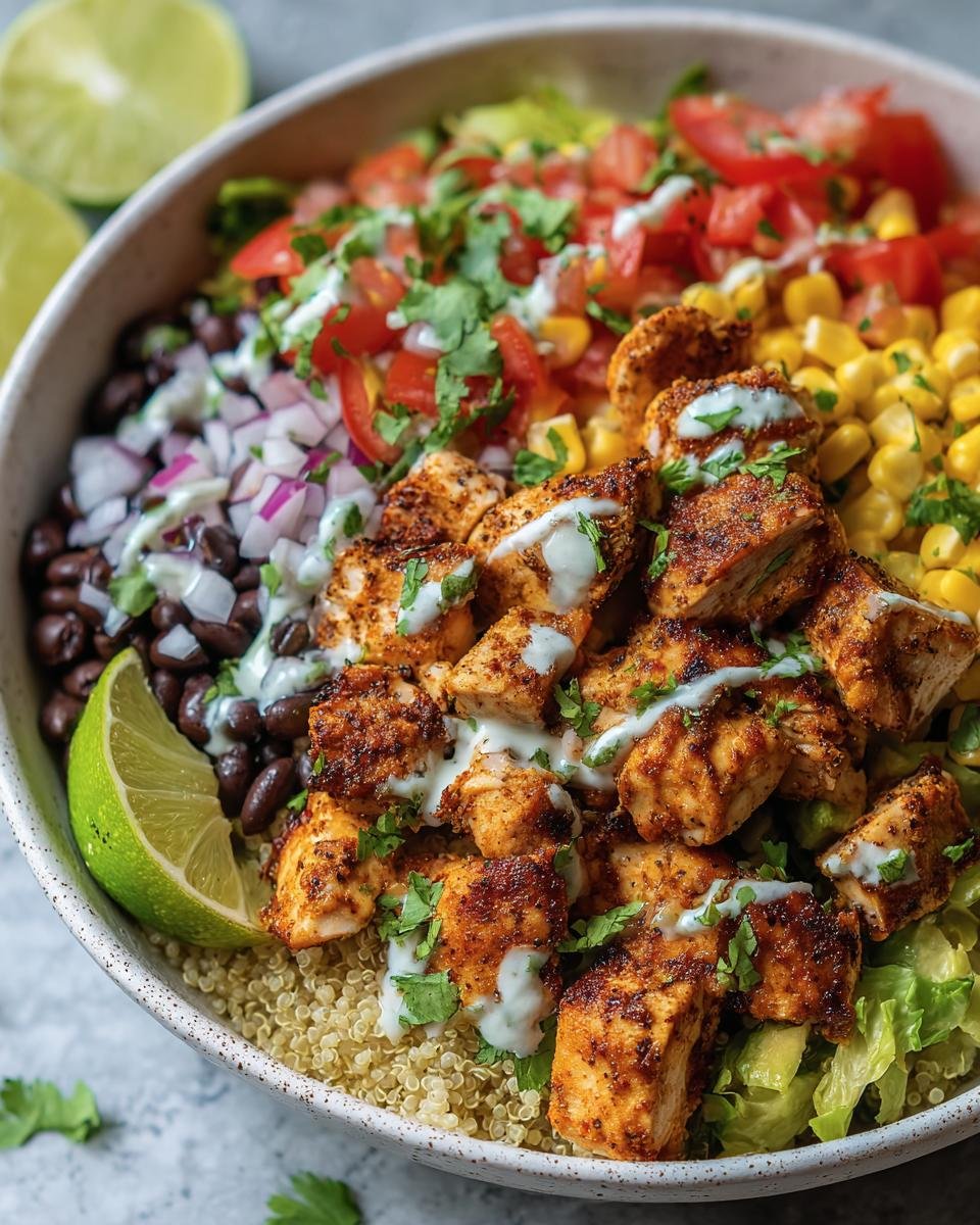 A vibrant Chicken Taco Bowl with seasoned chicken, black beans, corn, salsa, and a creamy sauce.
