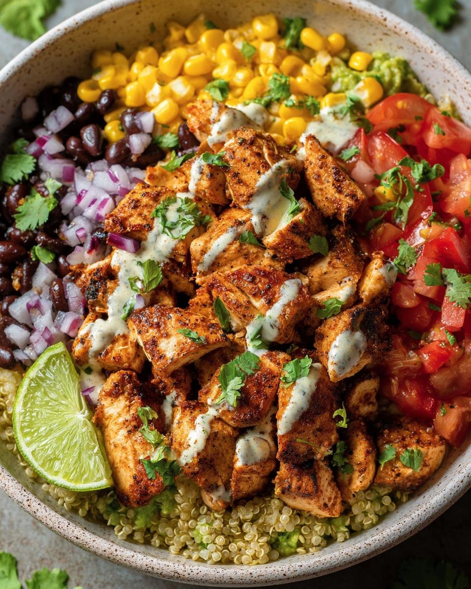 Overhead shot of a Chicken Taco Bowl with grilled chicken, corn, black beans, tomatoes, and a lime wedge.