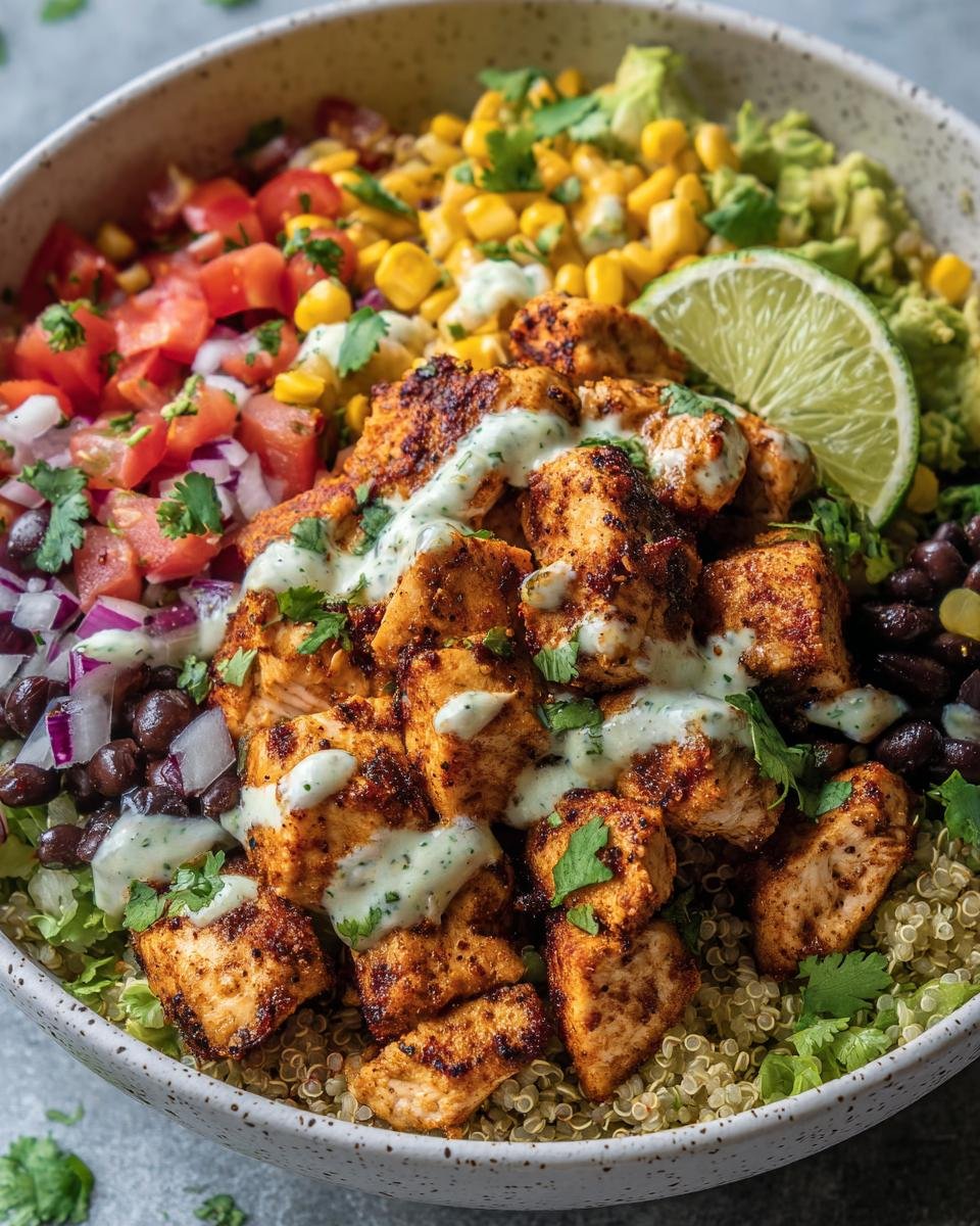 A vibrant Chicken Taco Bowl filled with seasoned chicken, quinoa, black beans, corn, salsa, guacamole, and a creamy sauce.